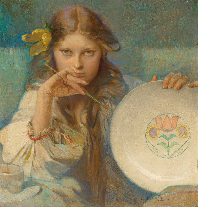 Girl with a Plate with a Folk Motif (1920) reproduction of painting by Alphonse Mucha. ALL GICLEE PRINTS