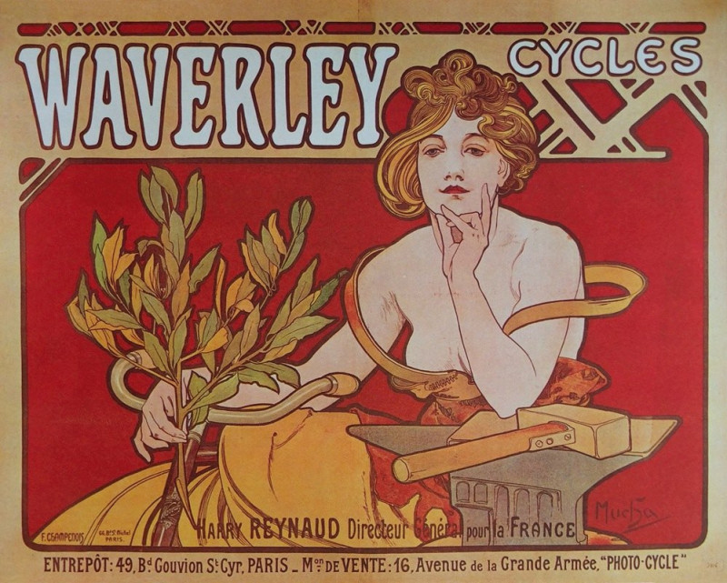 Cycles Waverley Paris. (1898) reproduction of painting by Alphonse Mucha. ALL GICLEE PRINTS