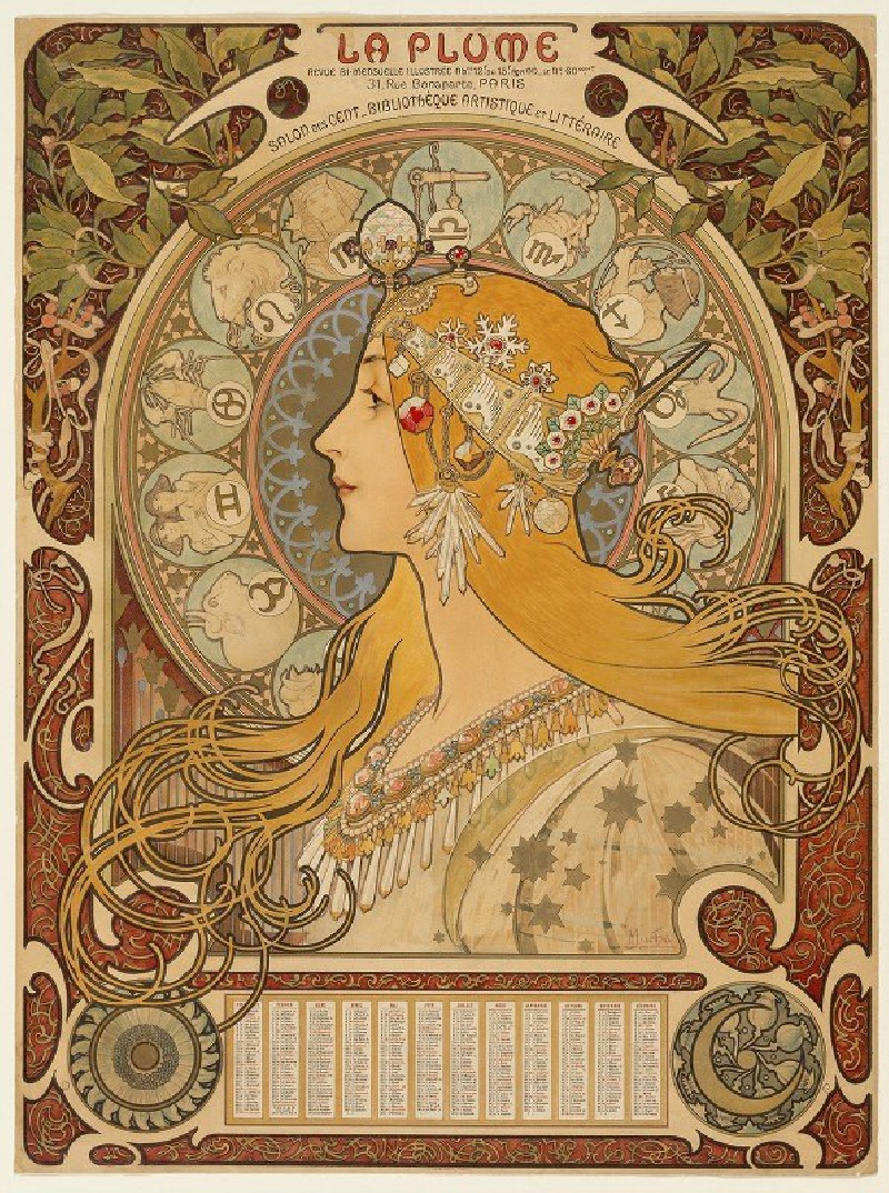 Zodiaque (La Plume) (1896–1897) reproduction of painting by Alphonse Mucha. ALL GICLEE PRINTS