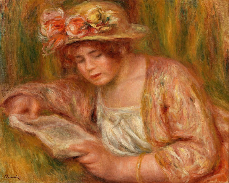 Andrée in a Hat, Reading (Andrée en chapeau, lisant) (c. 1918) reproduction of painting by Pierre-Auguste Renoir. ALL GICLEE ...