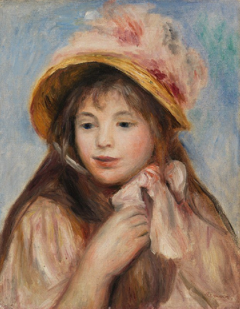 Girl with Pink Bonnet (Jeune fille au chapeau rose) (1894) reproduction of painting by Pierre-Auguste Renoir. ALL GICLEE PRINTS