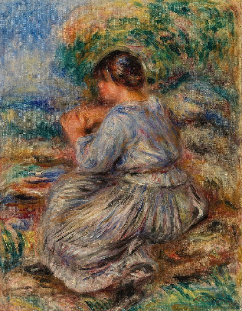 Girl Seated in a Landscape (Jeune fille assise dans un jardin) (c. 1914) reproduction of painting by Pierre-Auguste Renoir. A...