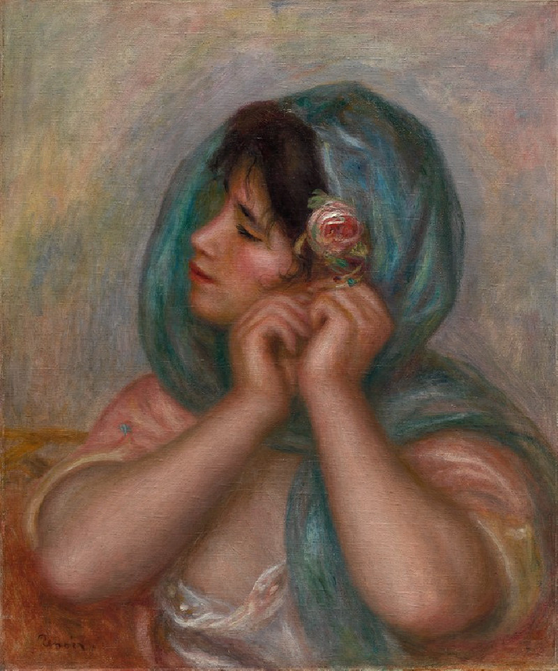 Young Woman Arranging Her Earring (1905) reproduction of painting by Pierre-Auguste Renoir. ALL GICLEE PRINTS