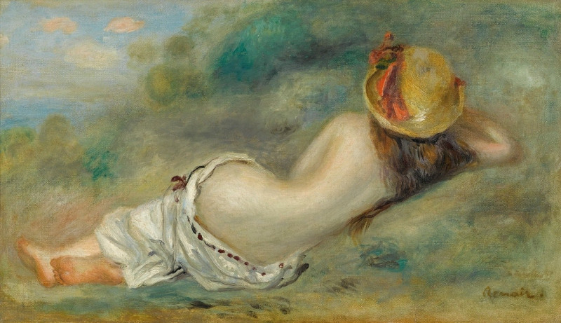 Baigneuse Allongée De Dos Avec Un Chapeau De Paille Or Femme Couchée Sur L’herbe (1892.) reproduction of painting by Pierre-A...