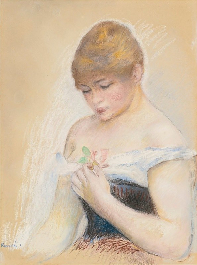 Jeune Femme Tenant Une Fleur (Portrait De Jeanne Samary) (circa 1879-80) reproduction of painting by Pierre-Auguste Renoir. A...