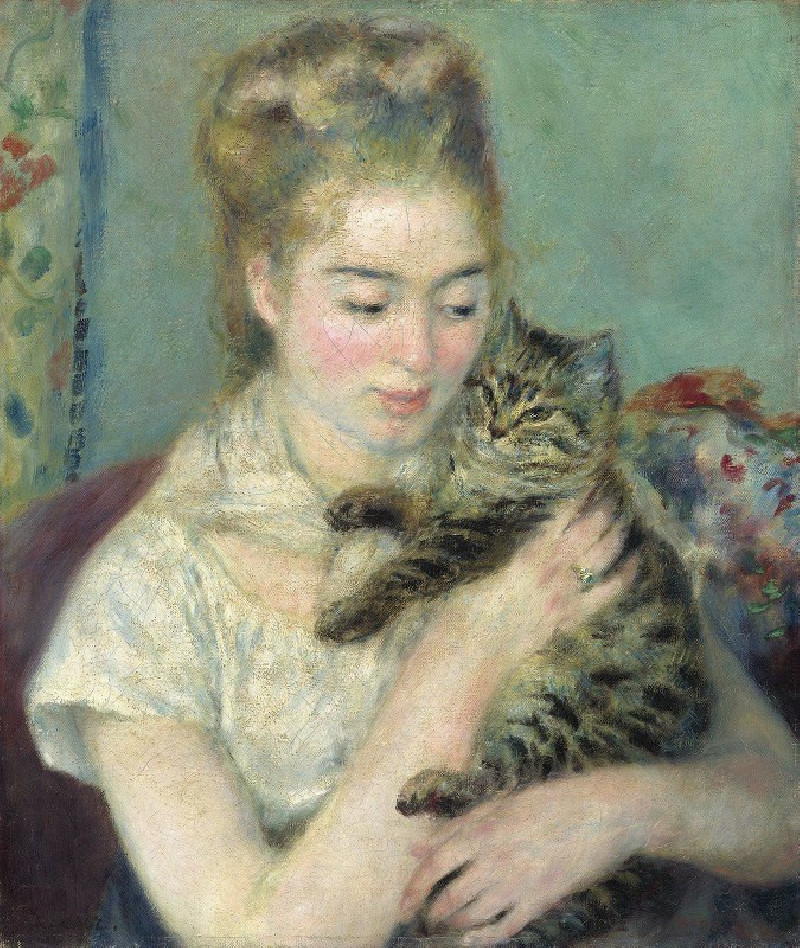 Woman with a Cat (c. 1875) reproduction of painting by Pierre-Auguste Renoir. ALL GICLEE PRINTS