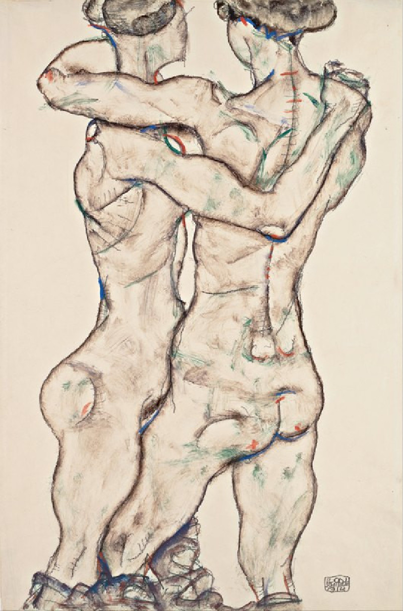 Naked Girls Embracing (1914) reproduction of painting by Egon Schiele. Nude