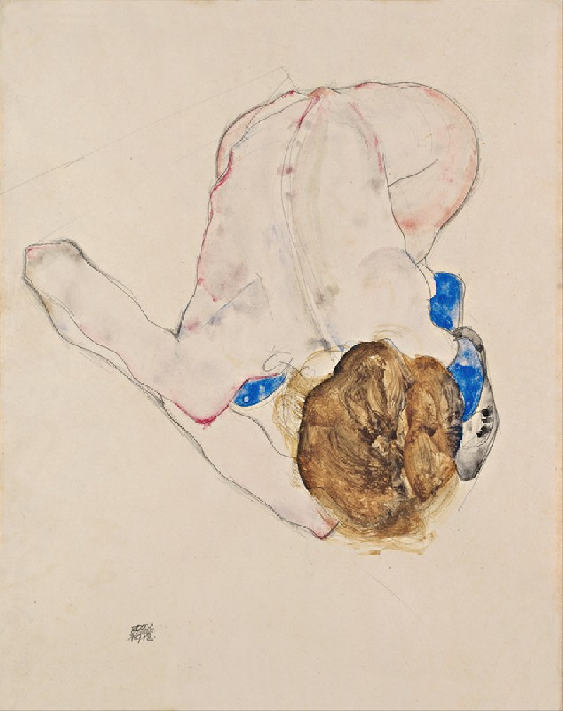 Nude with Blue Stockings, Bending Forward (1912) reproduction of painting by Egon Schiele. Nude