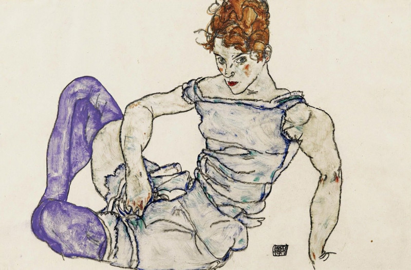 Sitzende Frau Mit Violetten Strümpfen (Seated Woman In Violet Stockings) (1917) reproduction of painting by Egon Schiele. ALL...