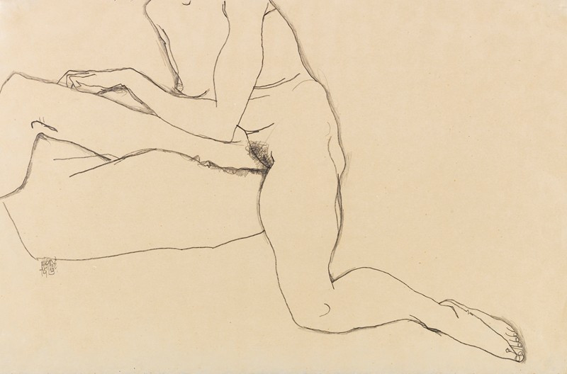 Sitzendes Mädchen mit ausgestrecktem Arm und Bein (1913) reproduction of painting by Egon Schiele. ALL GICLEE PRINTS