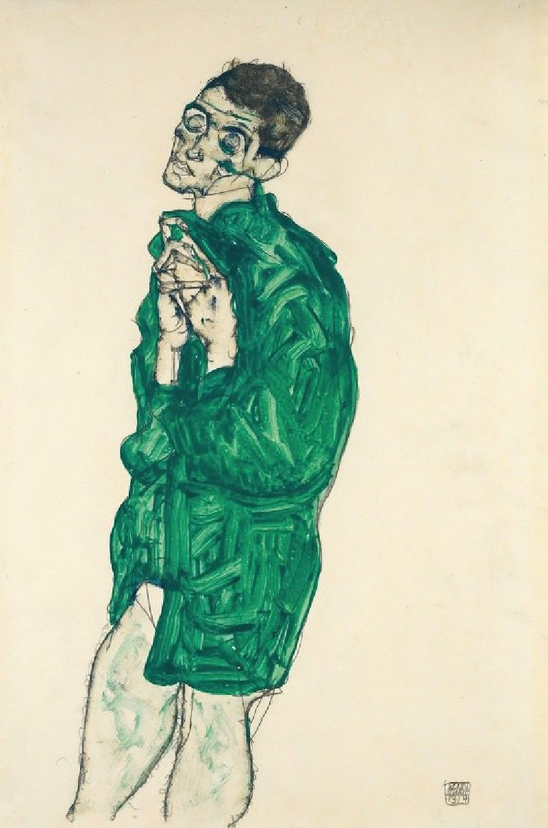 Self-Portrait In Green Shirt With Eyes Closed (1914) reproduction of painting by Egon Schiele. ALL GICLEE PRINTS