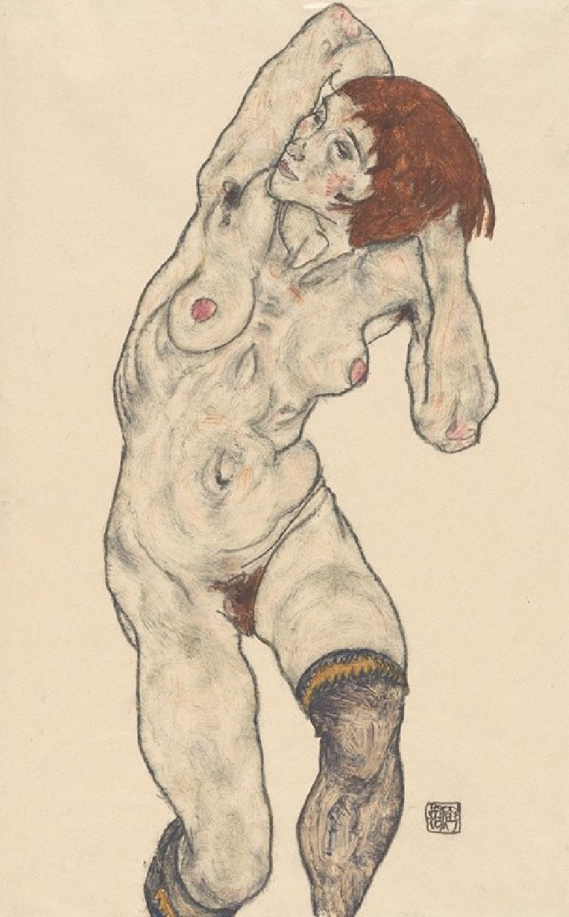 Nude in Black Stockings (1917) reproduction of painting by Egon Schiele. Nude