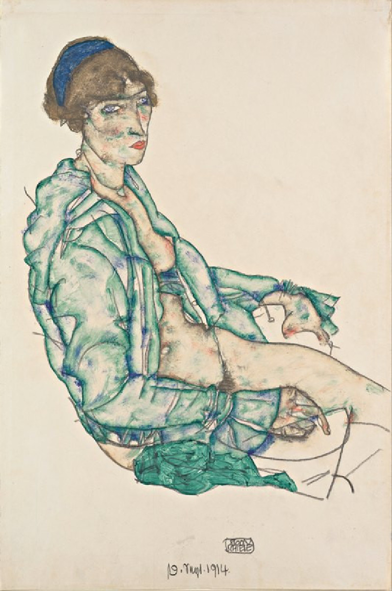 Sitting Semi-Nude with Blue Hairband (1914) reproduction of painting by Egon Schiele. Nude