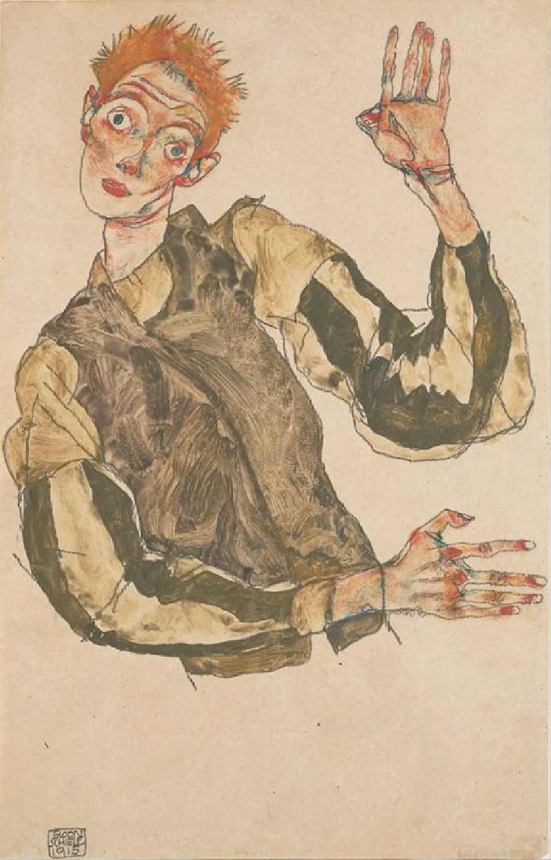 Self-Portrait with Striped Sleeves (1915) reproduction of painting by Egon Schiele. ALL GICLEE PRINTS