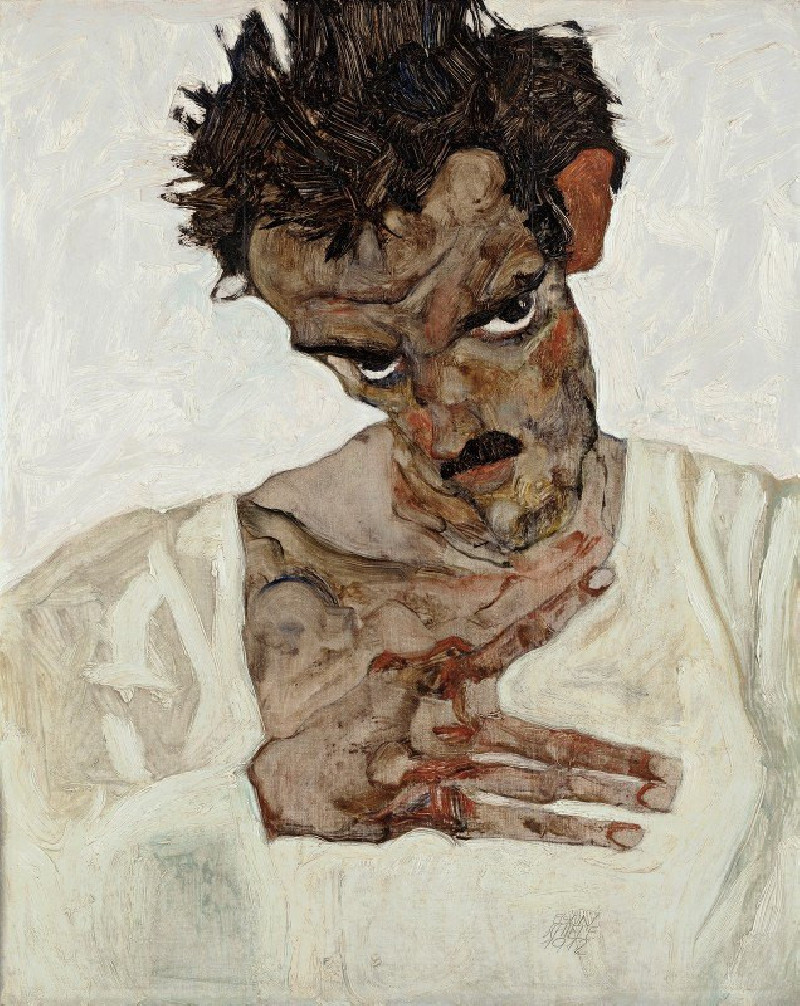 Self-Portrait With Lowered Head (1912) reproduction of painting by Egon Schiele. ALL GICLEE PRINTS