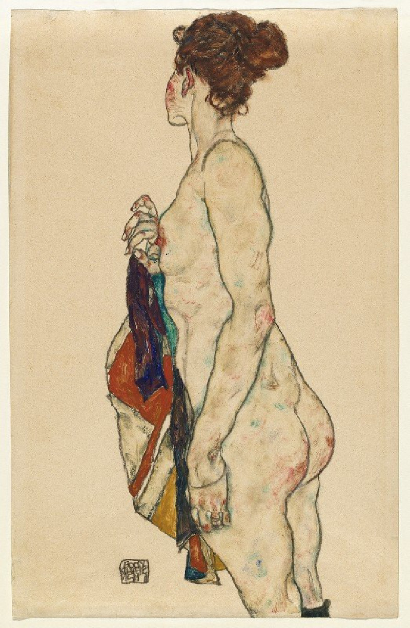 Standing Nude with a Patterned Robe (1917) reproduction of painting by Egon Schiele. Nude