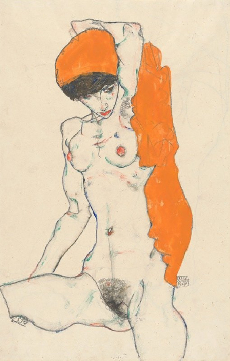 Standing Nude with Orange Drapery (1914) reproduction of painting by Egon Schiele. Nude