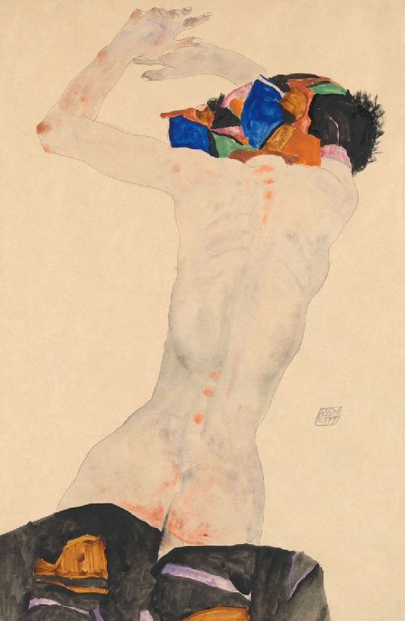 Rückenakt mit buntem Tuch (1911) reproduction of painting by Egon Schiele. ALL GICLEE PRINTS