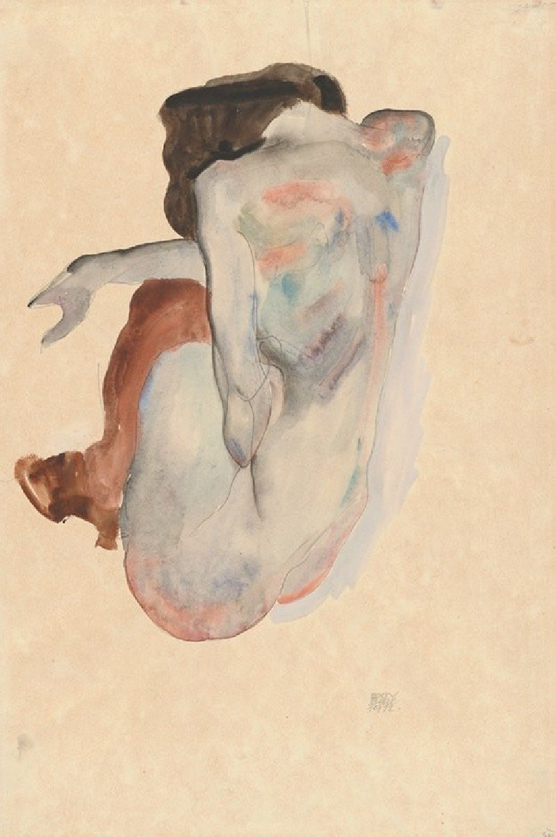 Crouching Nude in Shoes and Black Stockings, Back View (1912) reproduction of painting by Egon Schiele. Nude