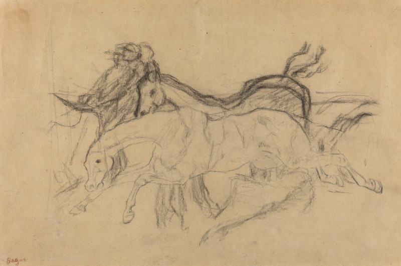 Racehorses (study for ‘Scene from the Steeplechase – The Fallen Jockey’) (c. 1881) reproduction of painting by Edgar Degas. A...