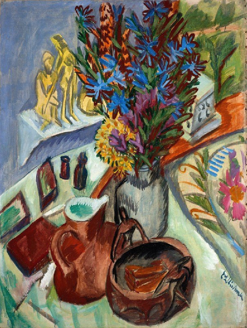 Still Life with Jug and African Bowl (1912) reproduction of painting by Ernst Ludwig Kirchner. Still-life