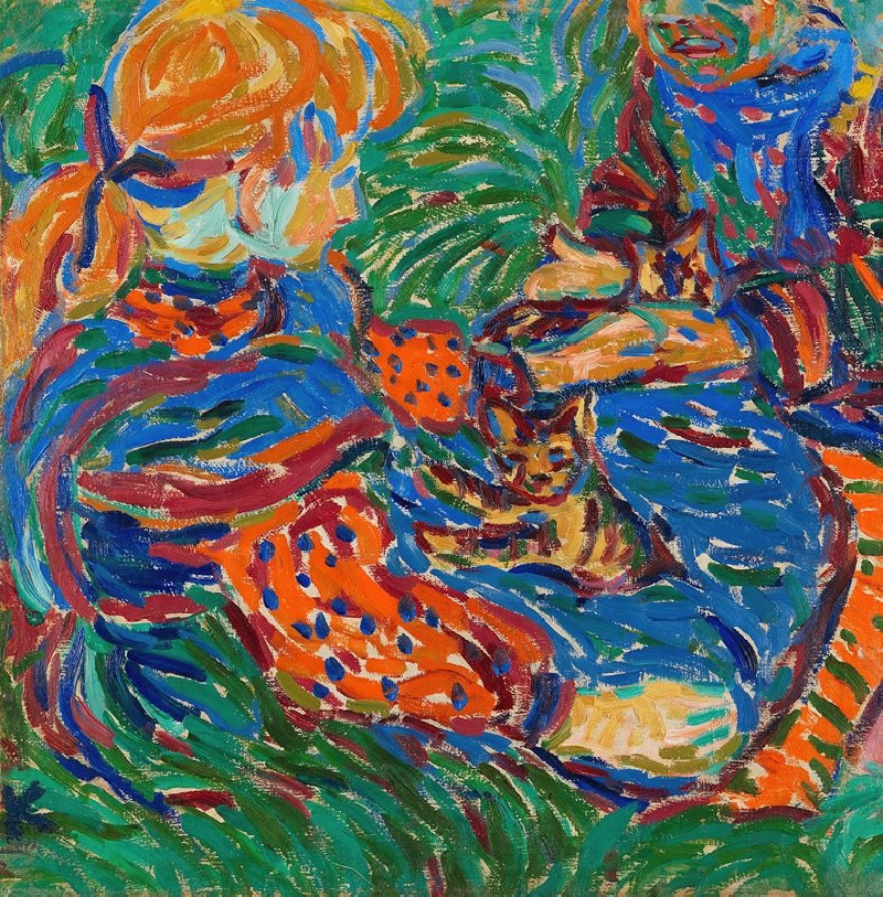 Zwei mit Katzen spielende Mädchen (1907) reproduction of painting by Ernst Ludwig Kirchner. ALL GICLEE PRINTS