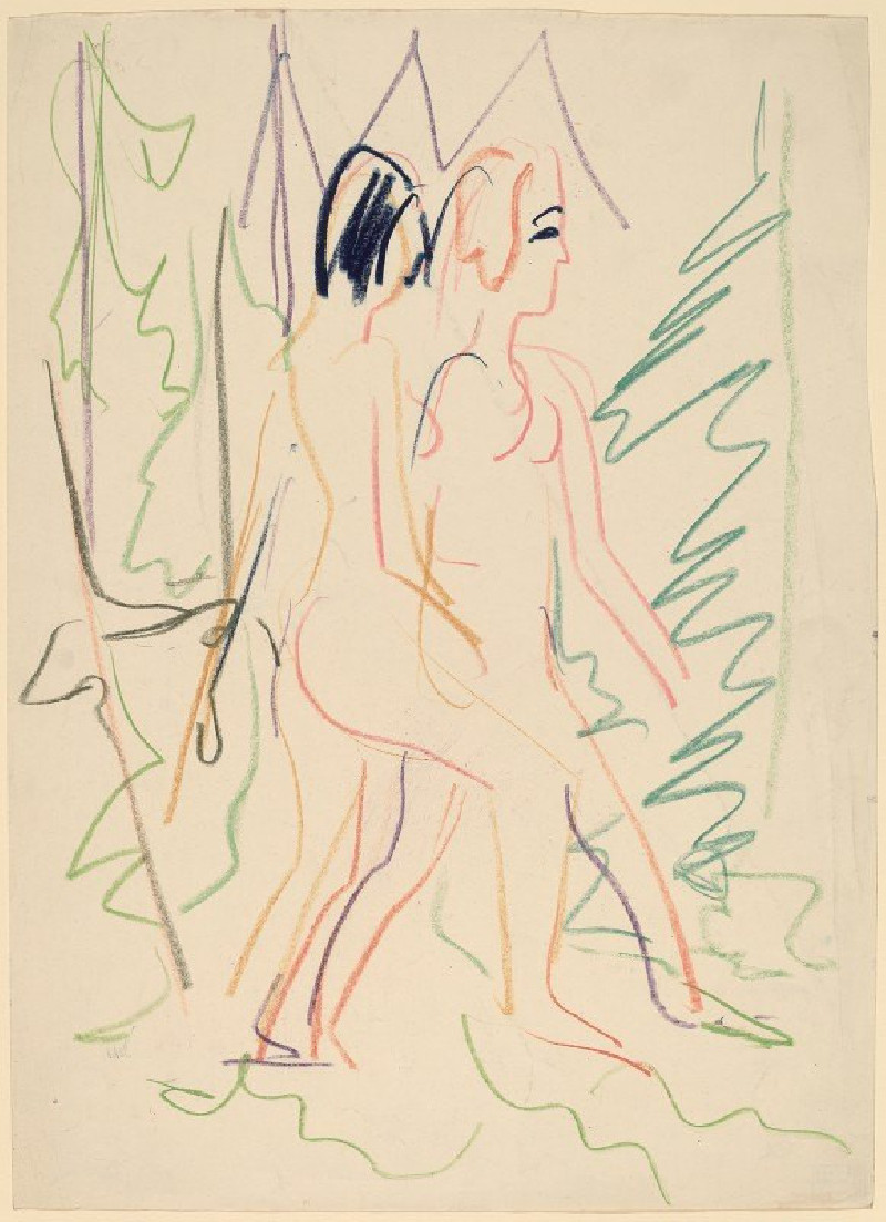 Two Nudes in a Forest (1925) reproduction of painting by Ernst Ludwig Kirchner. Nude