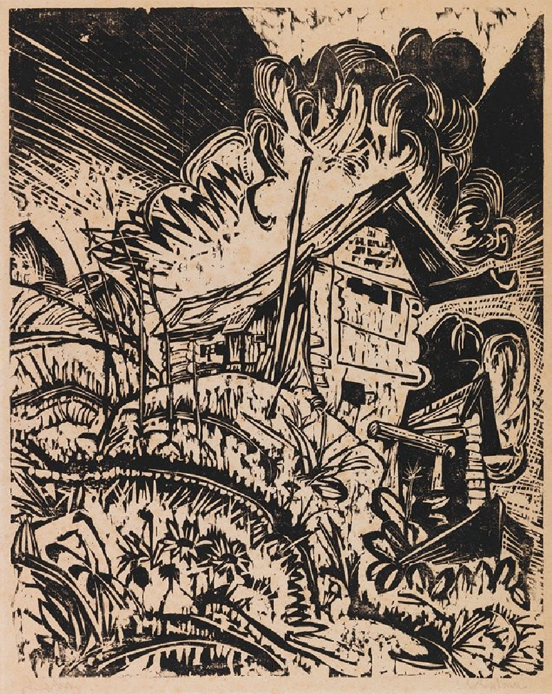 Berghaus mit Gewitterwolke (Alphütte bei Gewitter) (1917) reproduction of painting by Ernst Ludwig Kirchner. ALL GICLEE PRINTS