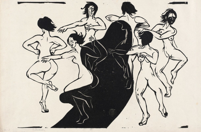 Nudes Dancing around a Shadow (1936) reproduction of painting by Ernst Ludwig Kirchner. Nude