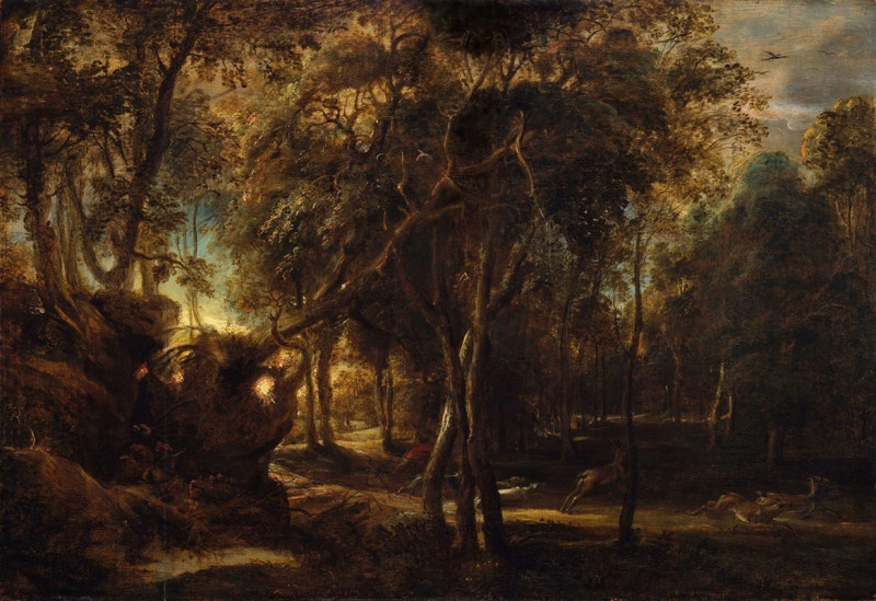 Peter Paul Rubens reprodukcija A Forest at Dawn with a Deer Hunt (ca. 1635), VISOS REPRODUKCIJOS , paveikslai, reprodukcijos ...