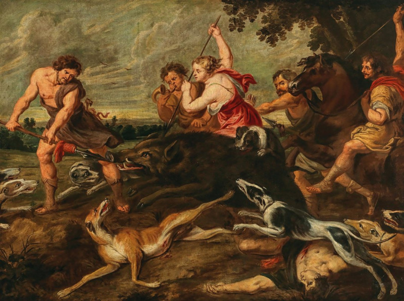 Meleager and Atalante hunting the Calydonian boar reproduction of painting by . ALL GICLEE PRINTS