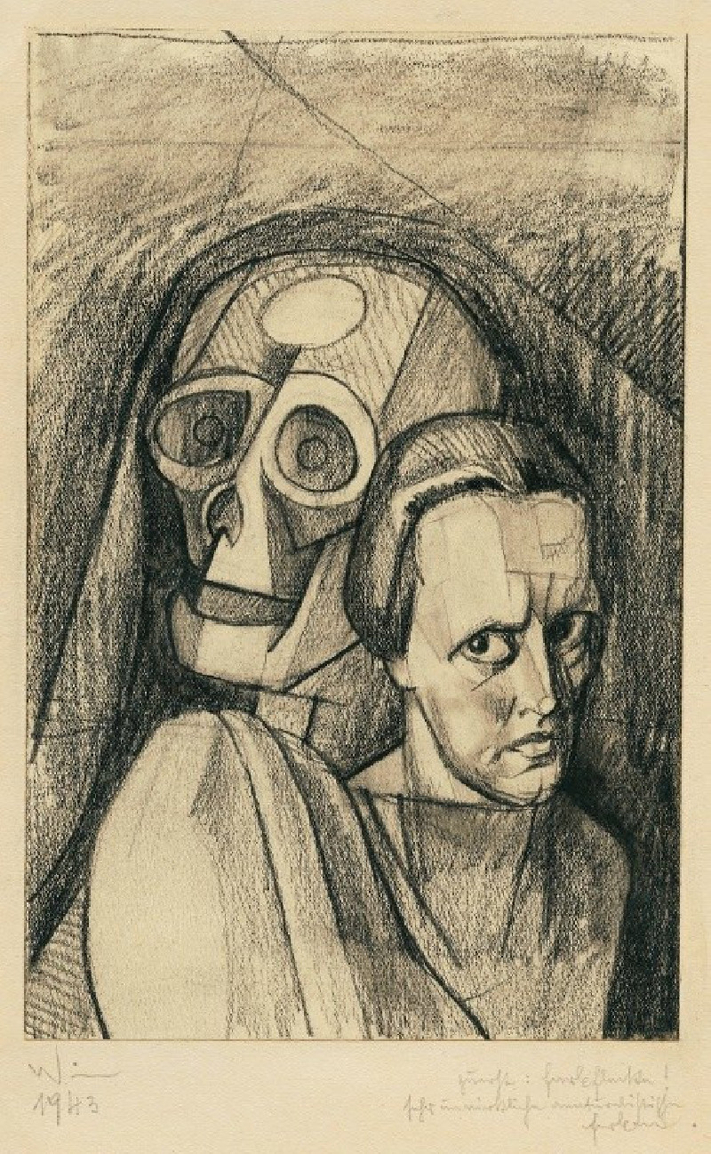 Frauenporträt mit Totenkopf (1943) reproduction of painting by Karl Wiener. ALL GICLEE PRINTS