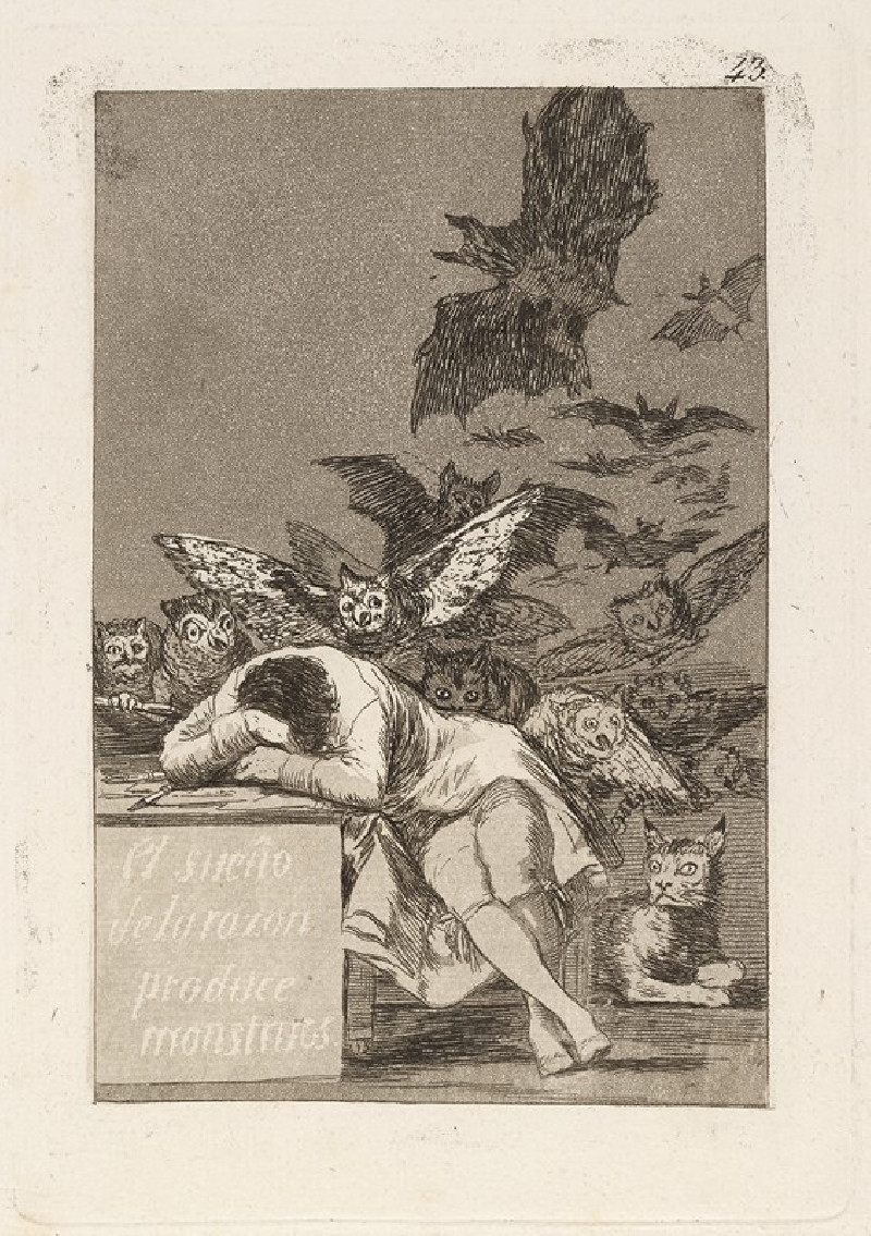 El sueño de la razon produce monstruos. (The sleep of reason produces monsters.) (1796-1797) reproduction of painting by Fran...