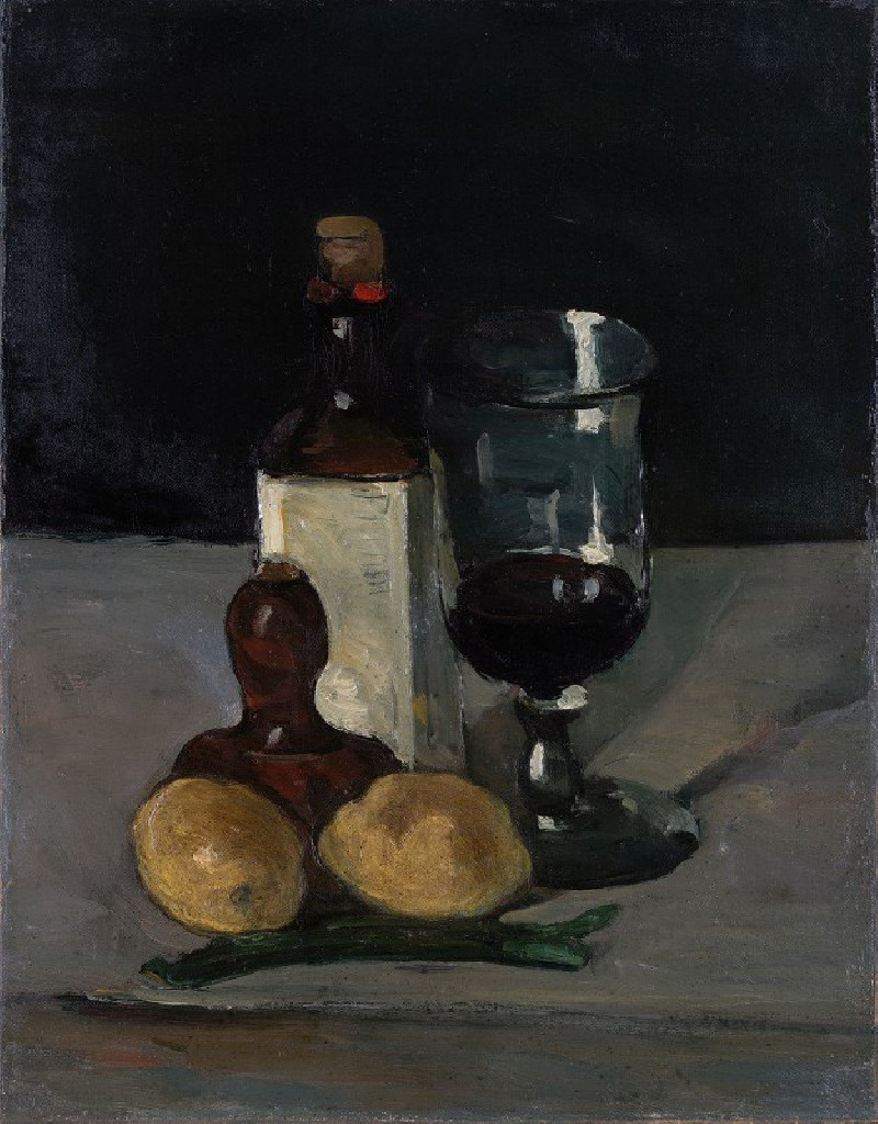 Still Life with Bottle, Glass, and Lemons (1867–69) reproduction of painting by Paul Cézanne. Still-life