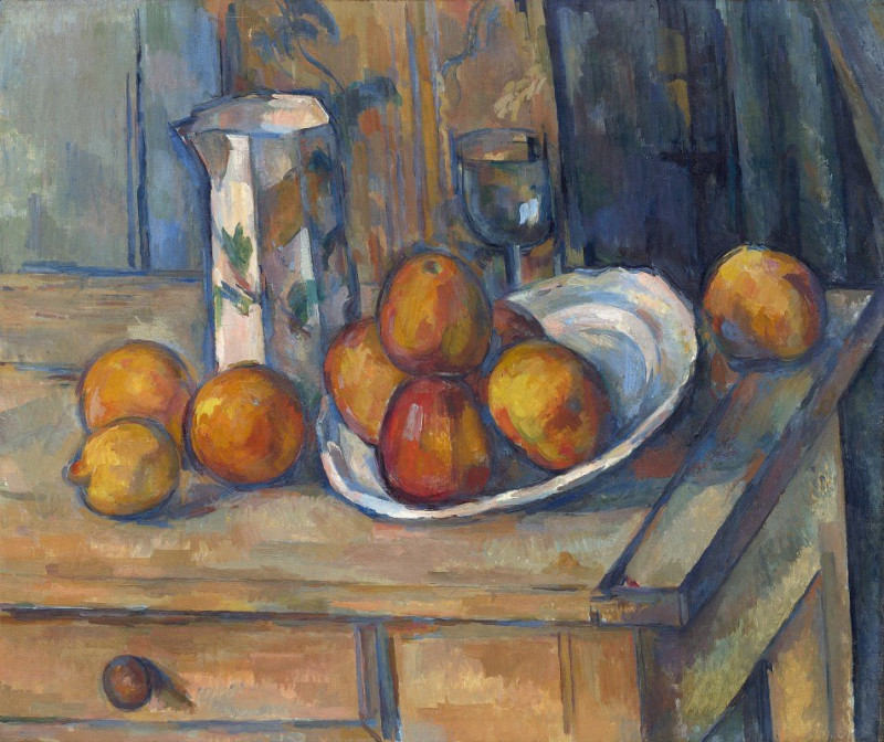 Paul Cézanne reprodukcija Still Life with Milk Jug and Fruit (c. 1900), Natiurmortas , paveikslai, reprodukcijos internetu