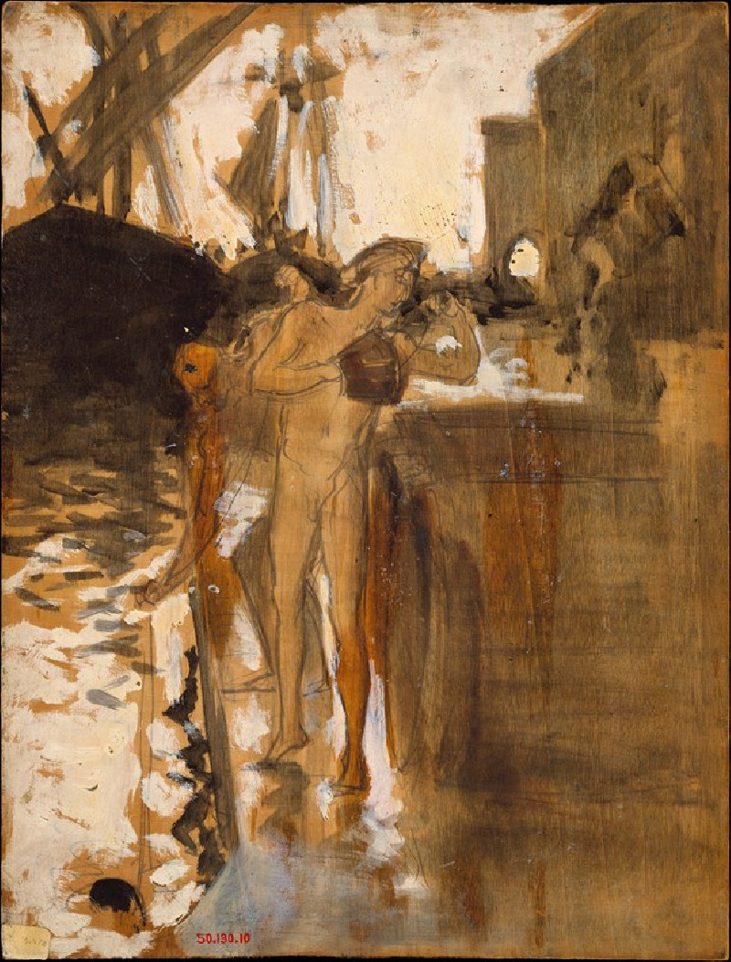 Two Nude Bathers Standing on a Wharf (between 1879 and 1880) reproduction of painting by John Singer Sargent. Nude