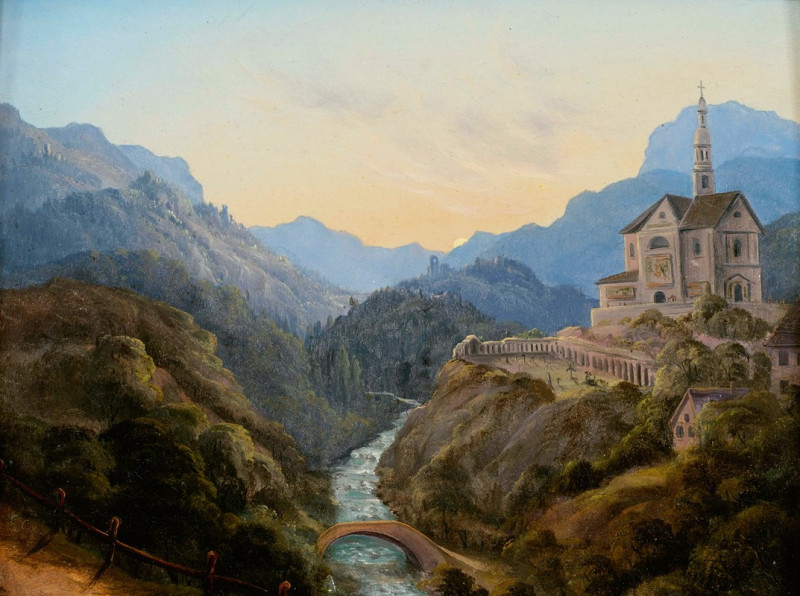 Mountainous landscape with a river valley and an abbey at evening light reproduction of painting by Carl Gustav Carus. ALL GI...