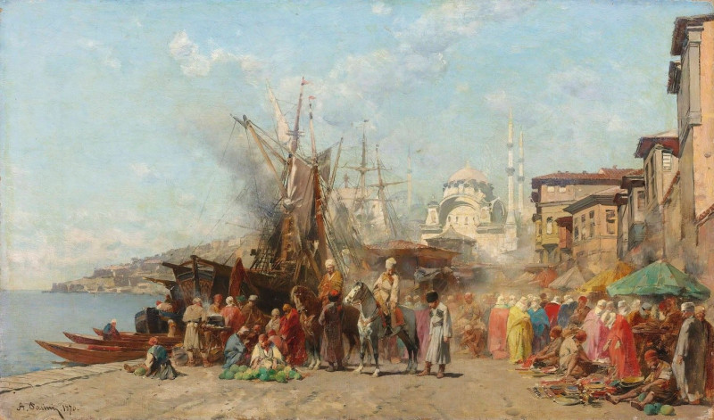 A market before Nusretiye Camii mosque in Tophane, Constantinople (1870) reproduction of painting by Alberto Pasini. ALL GICL...