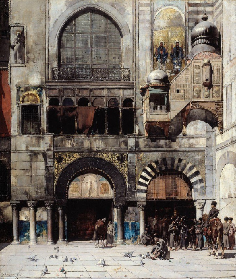 Circassian Cavalry Awaiting their Commanding Officer at the Door of a Byzantine Monument (1880) reproduction of painting by A...