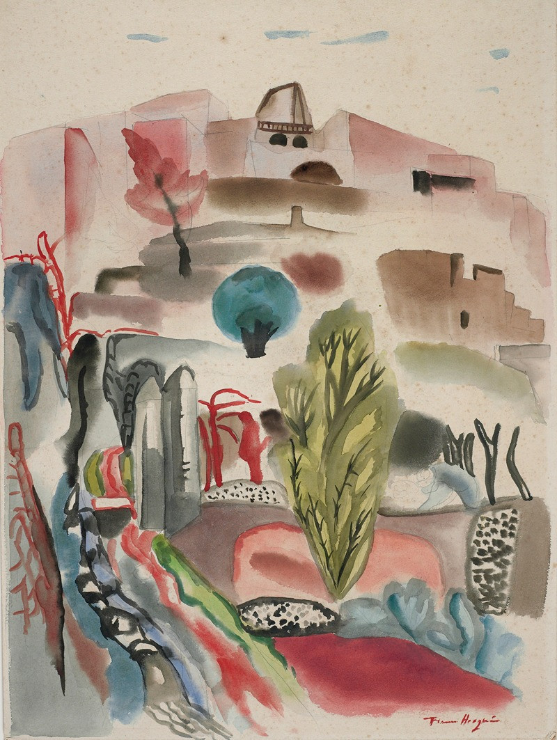 Hill with cypresses (1930-31) reproduction of painting by Frances Hodgkins. ALL GICLEE PRINTS