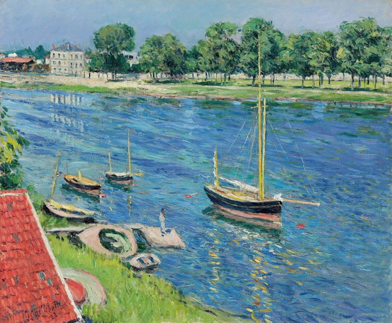 La Seine à Argenteuil, bateaux au mouillage (1883) reproduction of painting by Gustave Caillebotte. ALL GICLEE PRINTS