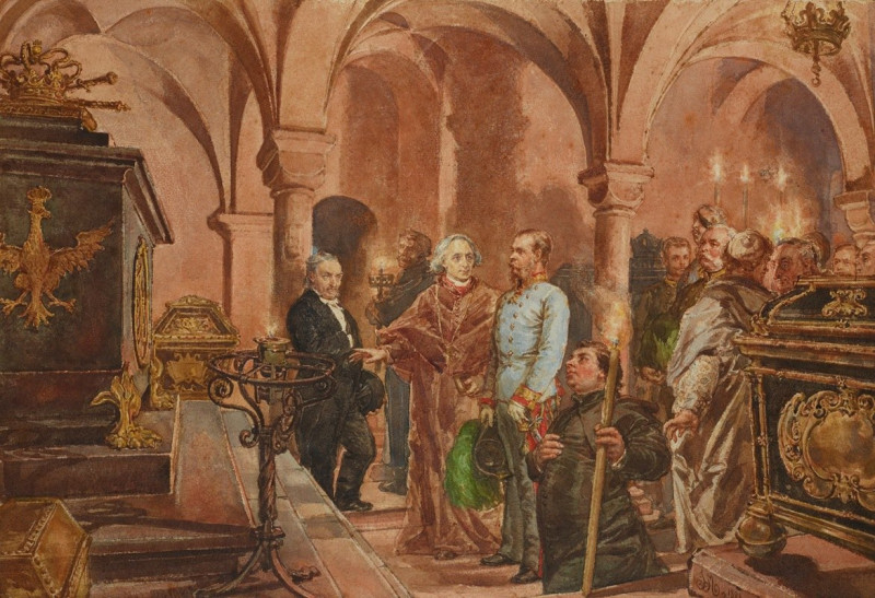 The Emperor in Front of the Sarcophagus of John III Sobieski in Saint Leonard’s Crypt under the Wawel Cathedral (1881) reprod...