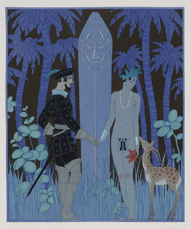 Pocohontas meeting John Smith (1929) reproduction of painting by George Barbier. ALL GICLEE PRINTS