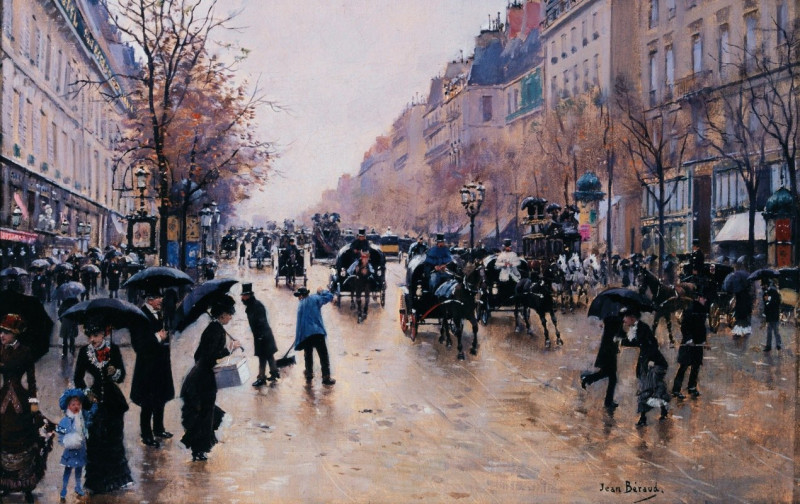 Le boulevard Poissonière sous la pluie (1880) reproduction of painting by Jean Béraud. ALL GICLEE PRINTS