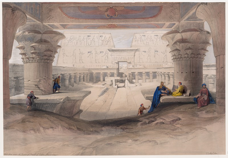 View from under the portico of Temple of Edfou [Idfû], Upper Egypt. (1846-1849) reproduction of painting by David Roberts. AL...