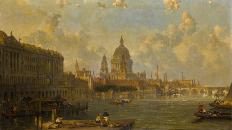 View From Waterloo Bridge, Embracing St. Pauls, Somerset House And Temple reproduction of painting by David Roberts. ALL GICL...