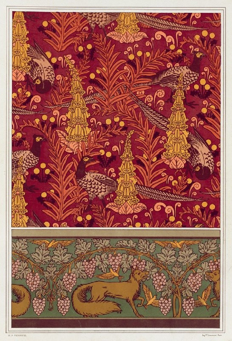 Faisans ordinaires, digitales, fougères et pissenlit, étoffe imprimée. Renard, oiseaux et vigne, bordure. (1897) reproduction...