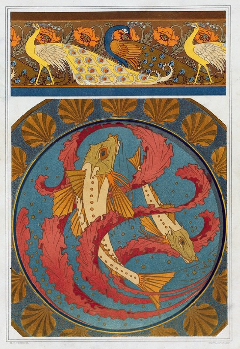 Maurice Pillard Verneuil reprodukcija Paons et pavots, bordure. Grondins, algues et coquilles, plat en émail cloisonné. (1897...