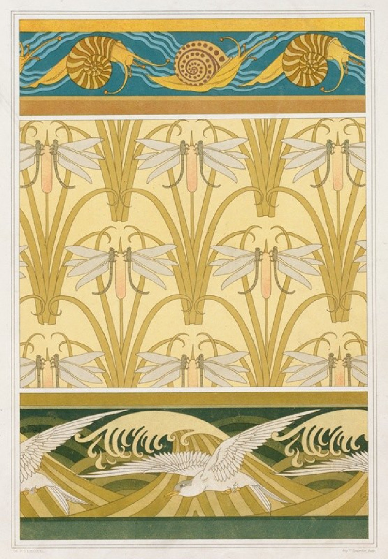 Escargots, bordure. Libellule et roseaux, papier peint. Mouettes, bordure. (1897) reproduction of painting by Maurice Pillard...