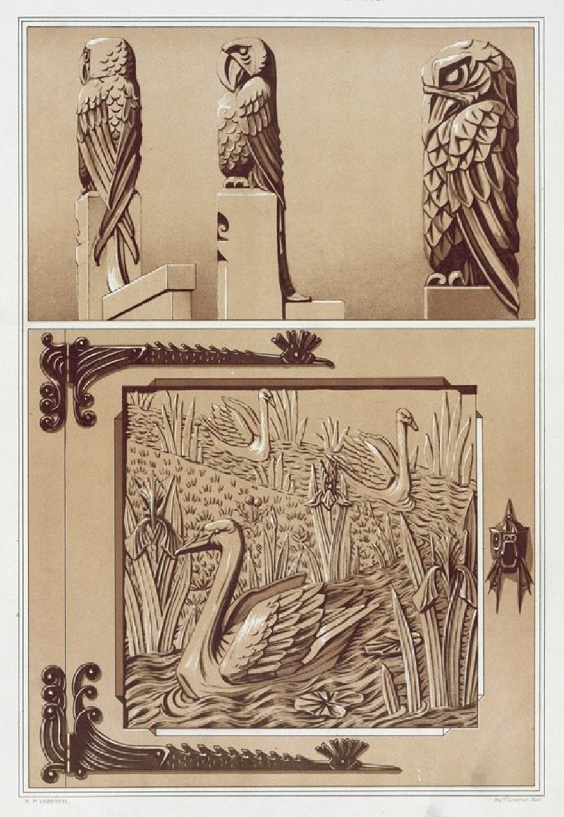 Perroquets, aigle, bois sculpté. Cygnes et iris, porte en bois sculpté. (1897) reproduction of painting by Maurice Pillard Ve...